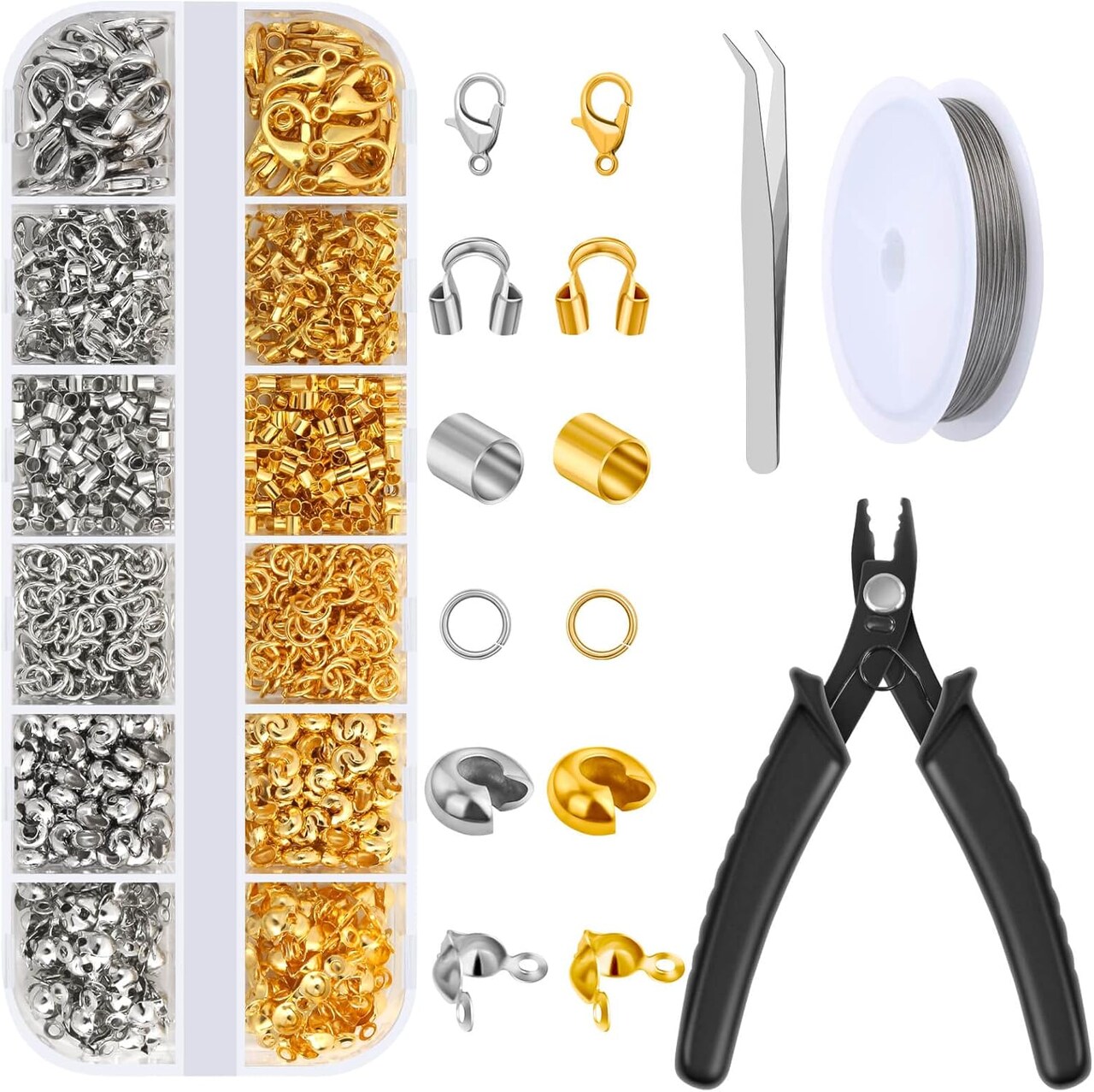 1200-Piece Jewelry Making Kit – Crimp Beads Set with Crimp Covers, Crimp Tubes, Wire Guardians, Lobster Clasps, Jump Rings, Crimping Pliers, and Beading Wire for Bracelet Making